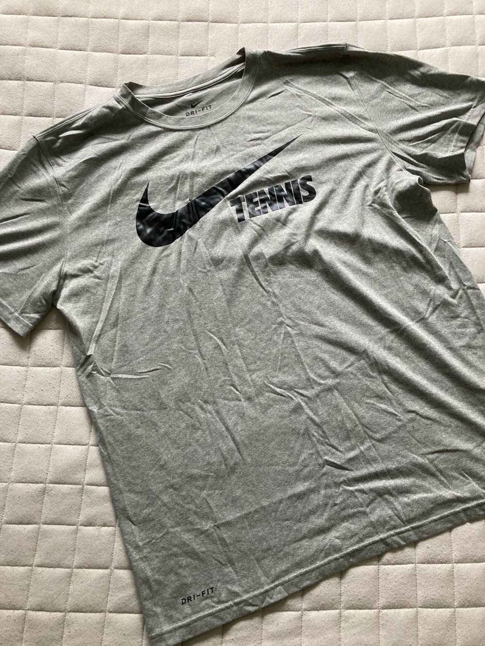 Nike Men’s Dri-Fit Gray Short-Sleeve Tennis T-Shirt with Black Swoosh Logo